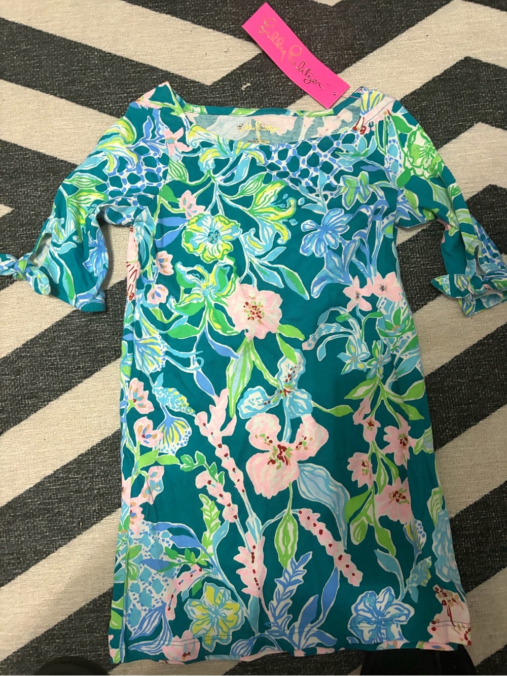 Lilly Pulitzer Teal Floral Tie-Sleeve Shift Dress